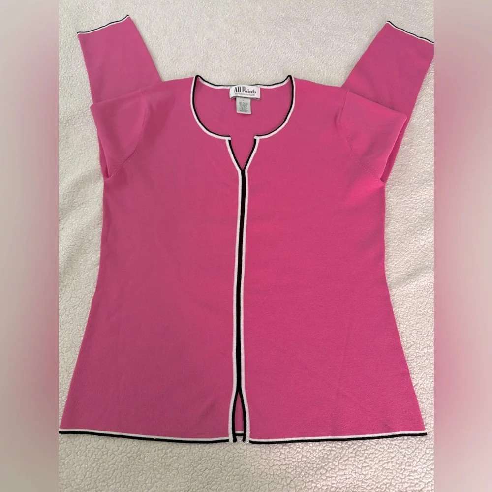 All Points M Hot Pink 3/4 sleeve top with black & white accent‎ trim Soft knit.